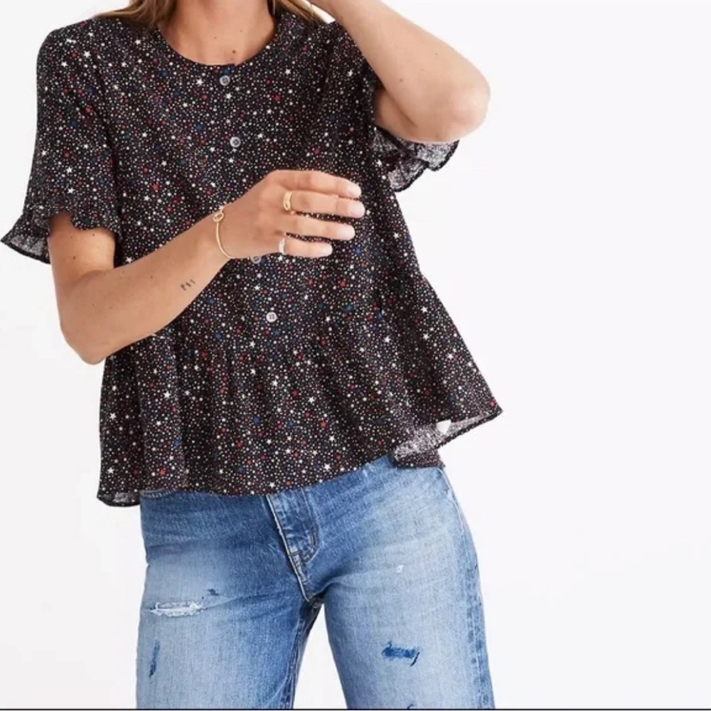 Madewell starry night 1/4 button ruffle hem top